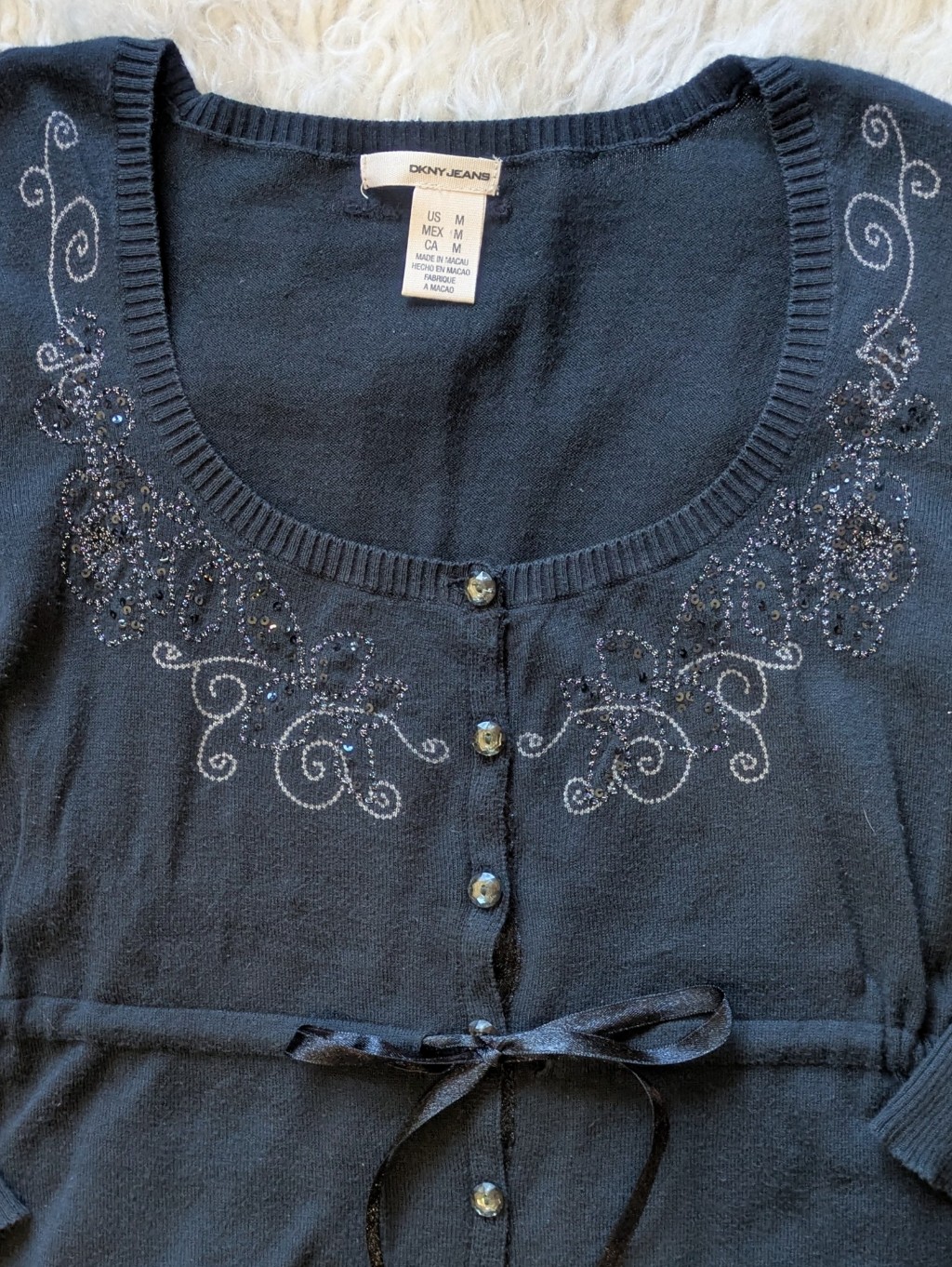 Y2k Dkny Black Embellished ScoopNeck Babydoll Cardigan With Tie Waist